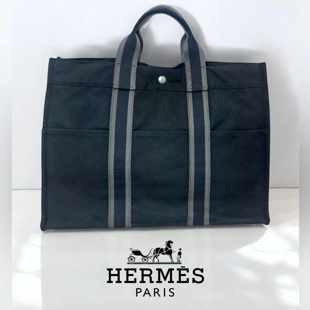 Hermes Black Canvas Tote with Gray Straps